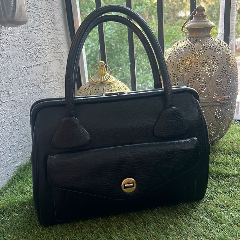 VINTAGE Burdines Bag Leather Inside Excellent Condition Black Gold Hardware